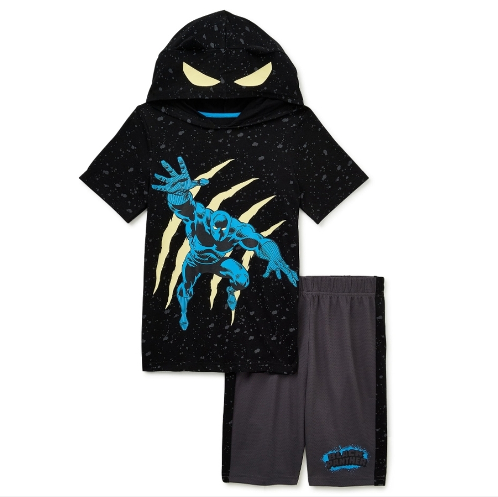 NWT Boys Black Panther Hooded Top and Shorts 2 piece set